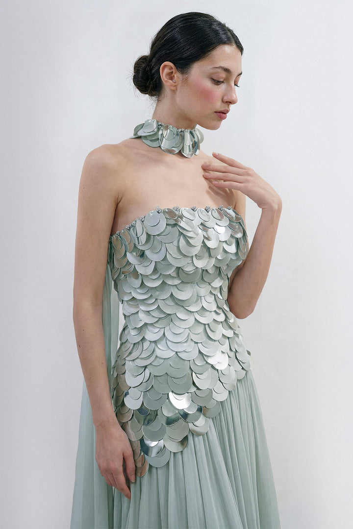 Halter Column Gown with Sculpted Embellished Bodice