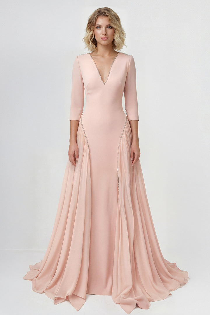 Deep V Column Gown with Draped Side Panels