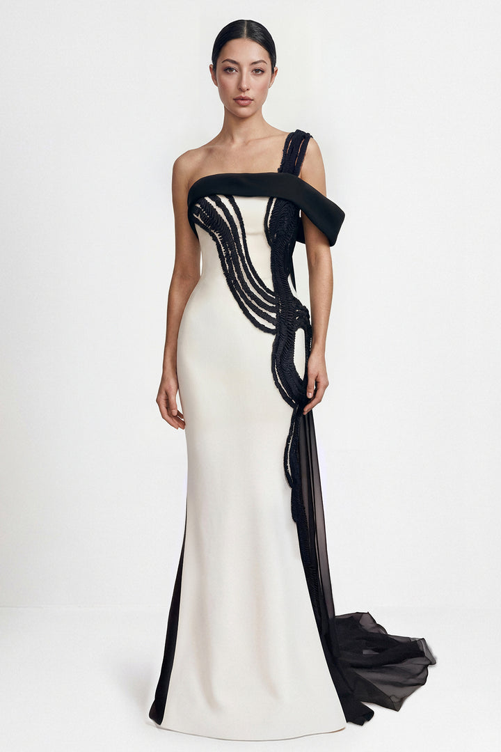 Asymmetrical Embroidered Crepe Gown