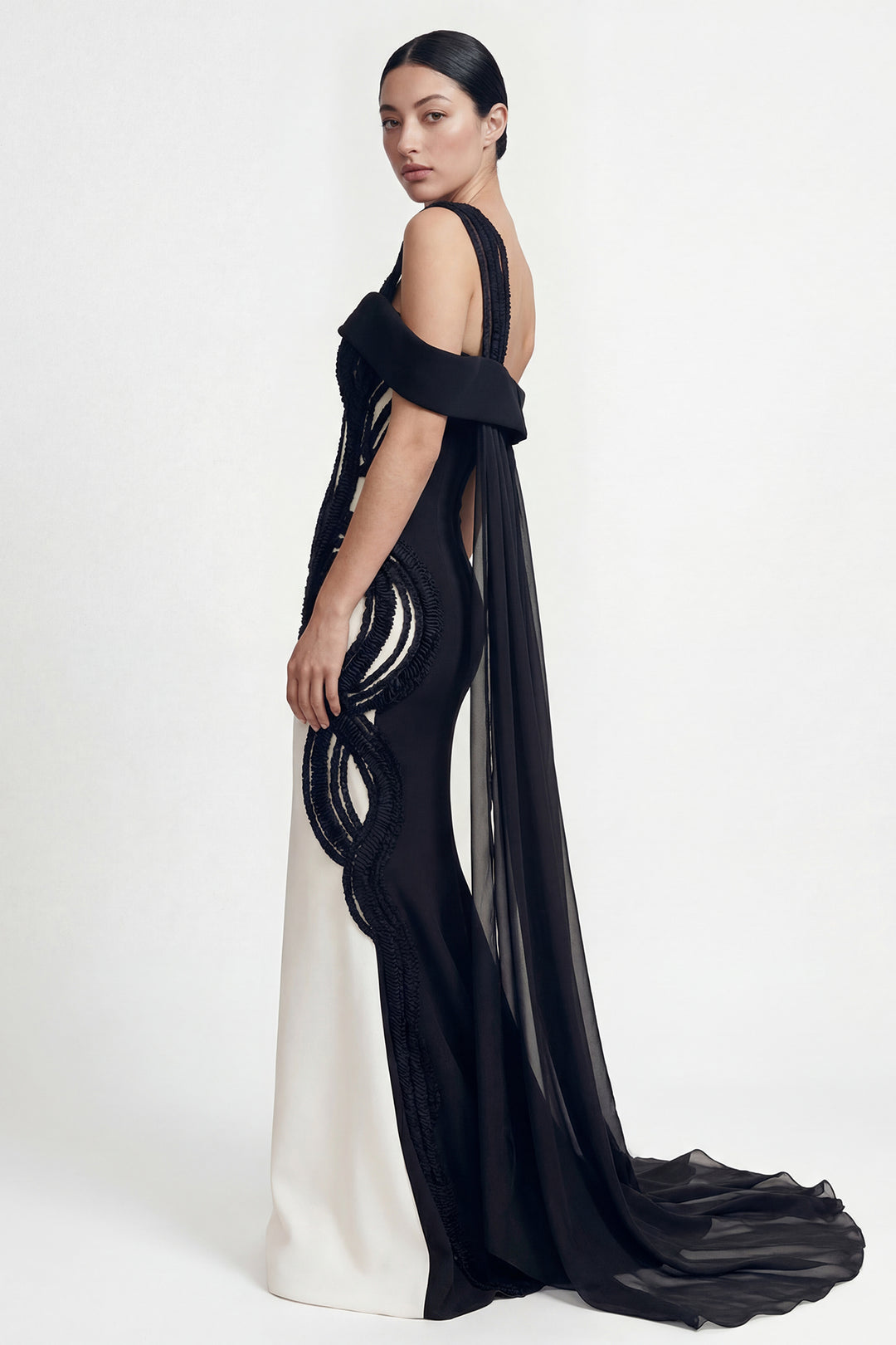 Asymmetrical Embroidered Crepe Gown