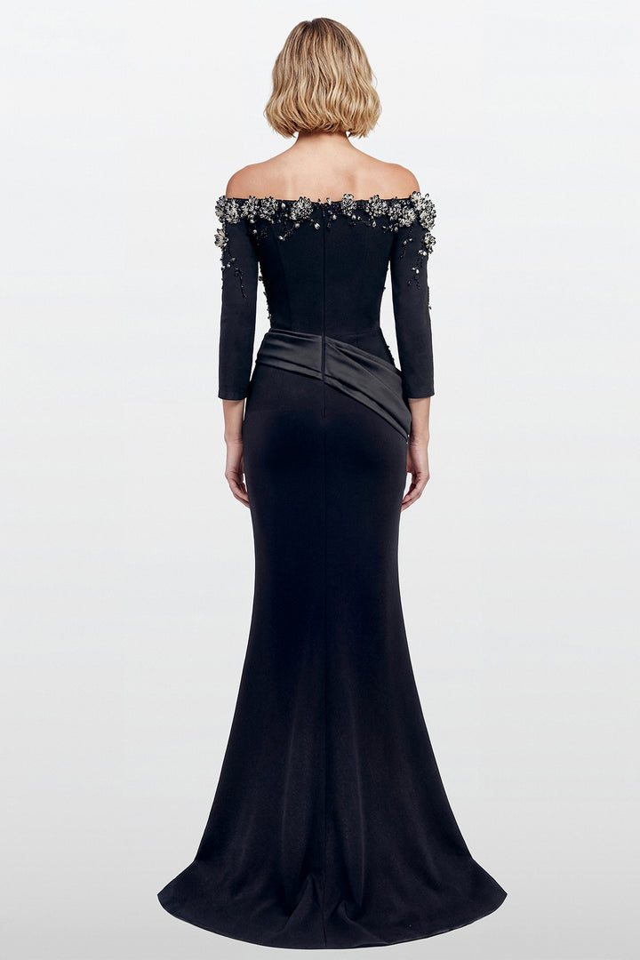 Off-Shoulder Embroidered Crepe Gown