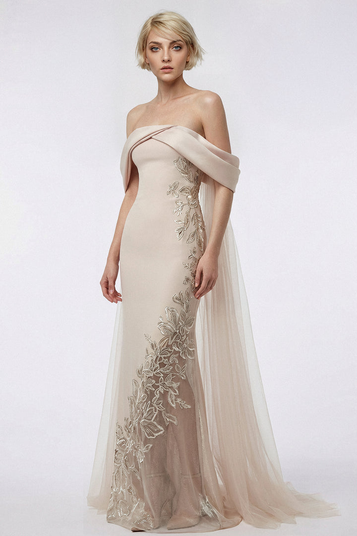Draped Cape Column Crepe Gown