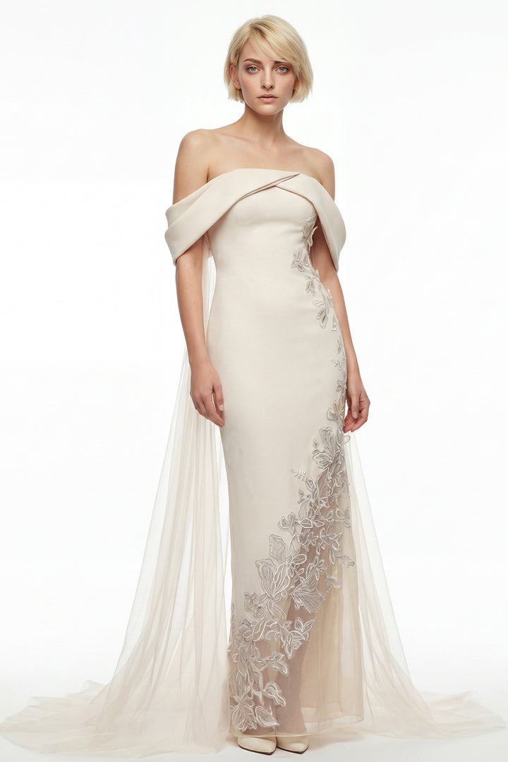 Draped Cape Column Crepe Gown