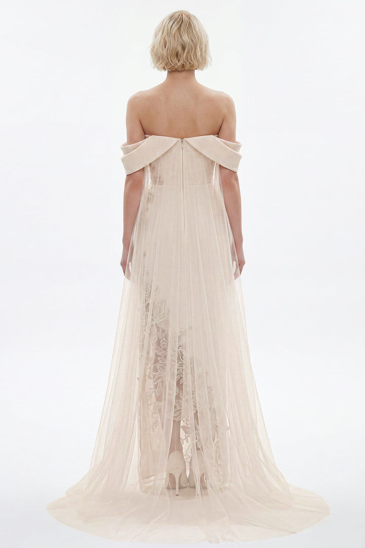 Draped Cape Column Crepe Gown