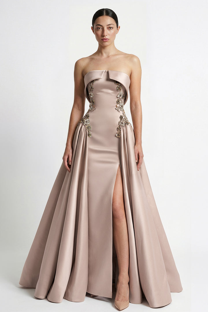 Strapless Embellished Satin Gown with Overskirt