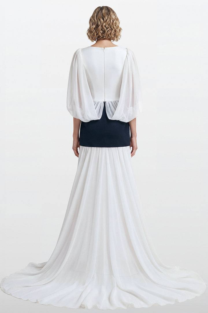 Embroidered Waist Cape Sleeve Gown