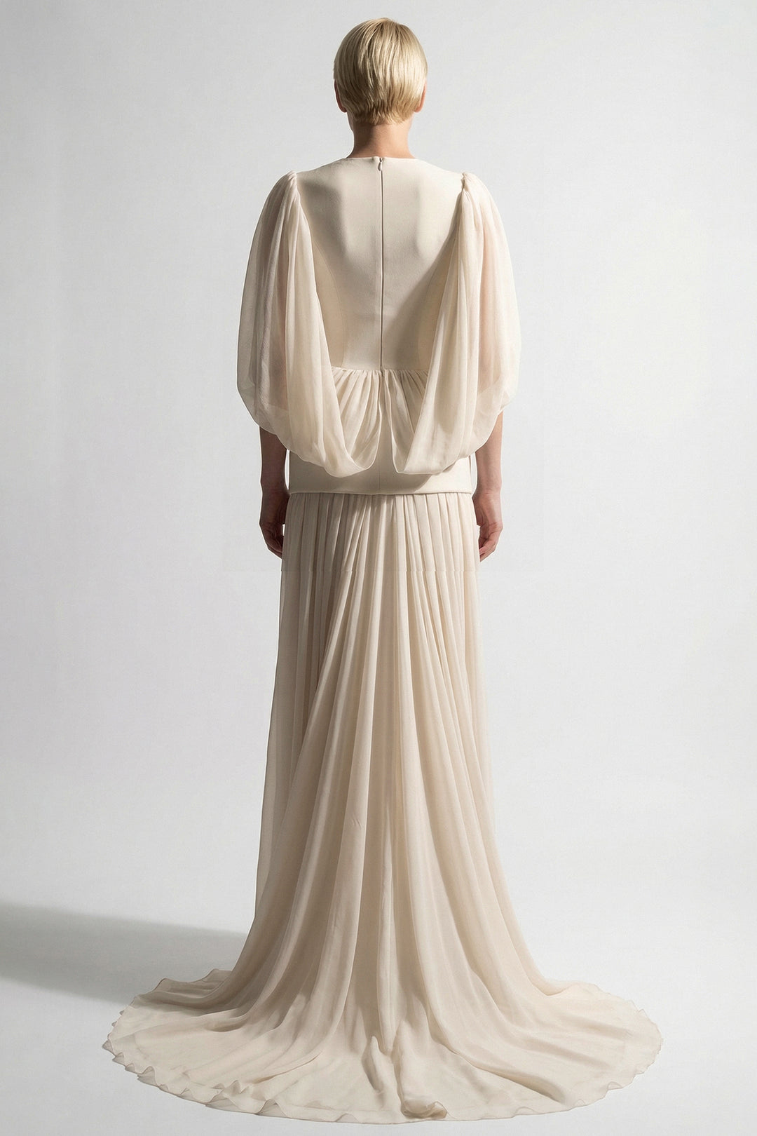 Embroidered Peplum Crepe Gown with Cape Sleeves