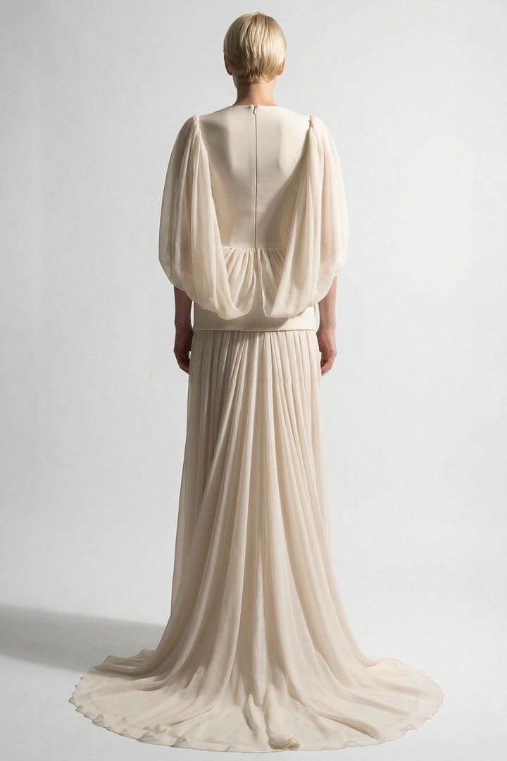 Embroidered Peplum Crepe Gown with Cape Sleeves