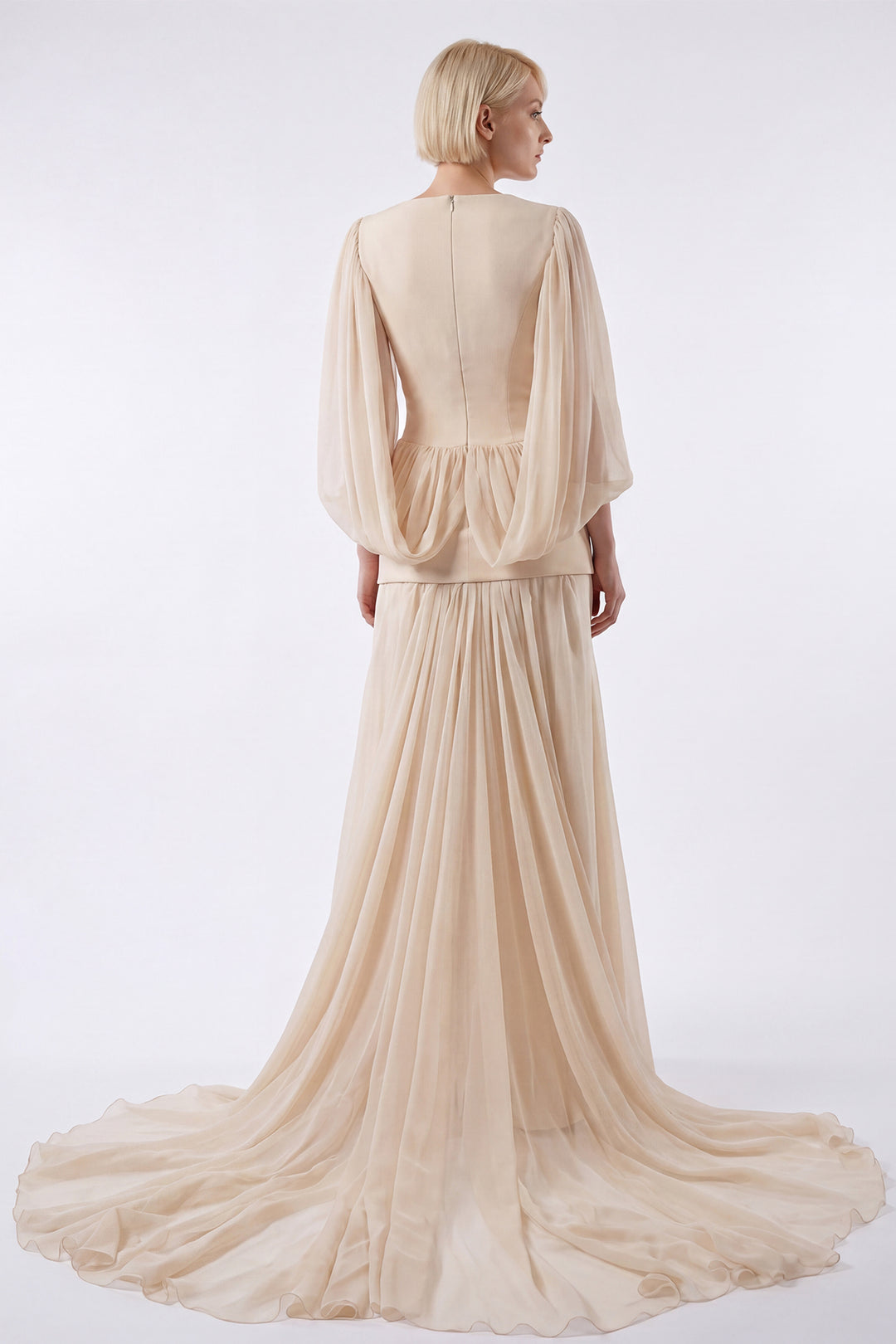 Embroidered Peplum Crepe Gown with Cape Sleeves