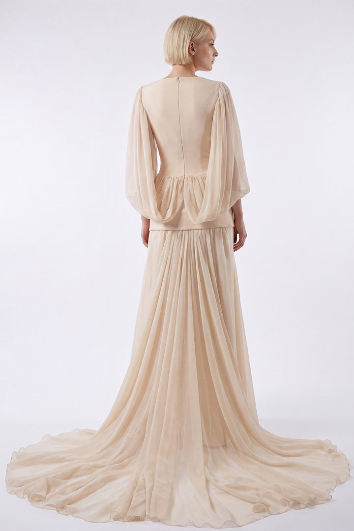 Embroidered Peplum Crepe Gown with Cape Sleeves