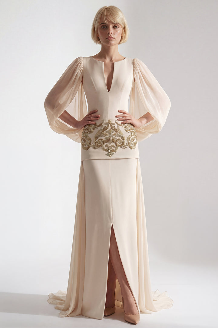 Embroidered Peplum Crepe Gown with Cape Sleeves