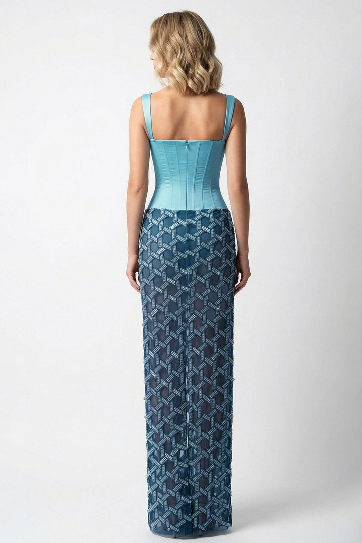 Structured Bodice Embroidered Skirt Gown