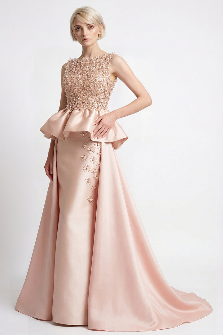 Peplum Gown with Embroidered Floral Bodice