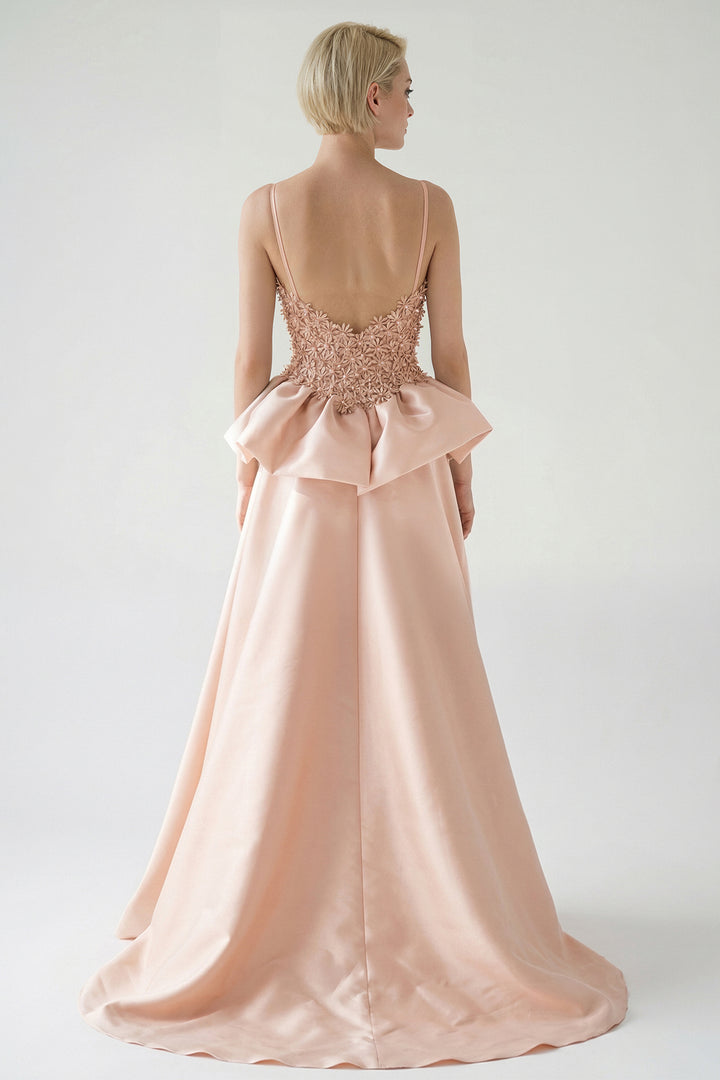 Peplum Gown with Embroidered Floral Bodice