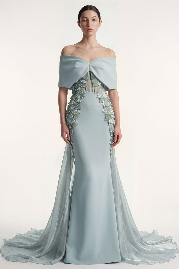 Draped Off-Shoulder Column Gown