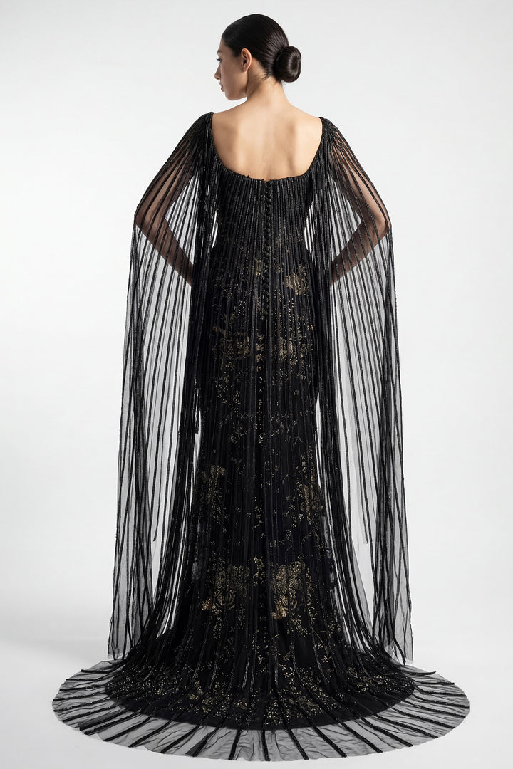 Bugle Bead Fringe Tulle Column Dress