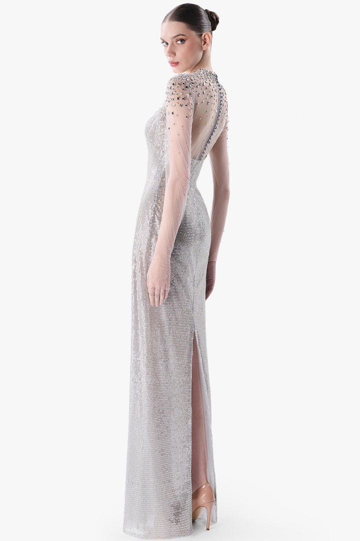 Crystal-Embellished with Illusion Neckline Gown