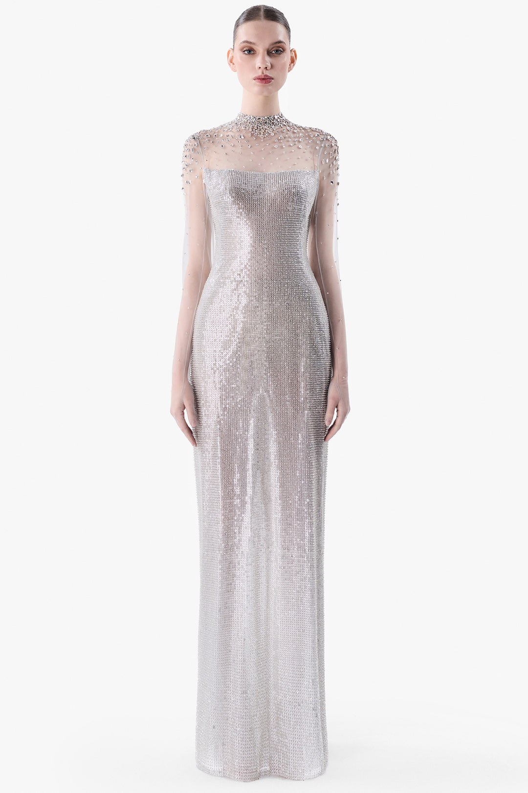 Crystal-Embellished with Illusion Neckline Gown