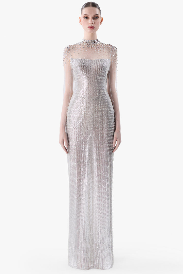 Crystal-Embellished with Illusion Neckline Gown