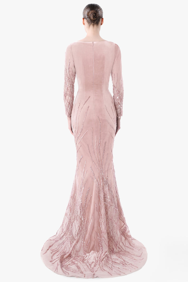 Velvet Gown with Embroidered Tulle Panels