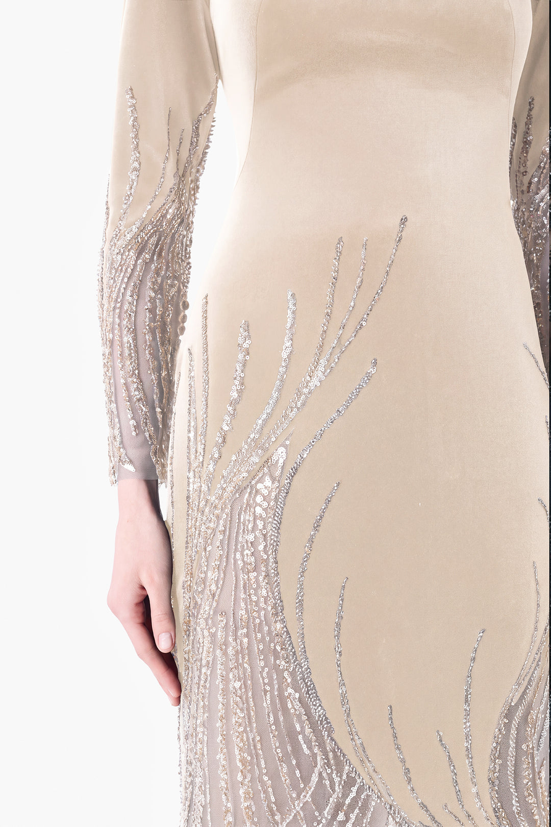 Velvet Gown with Embroidered Tulle Panels