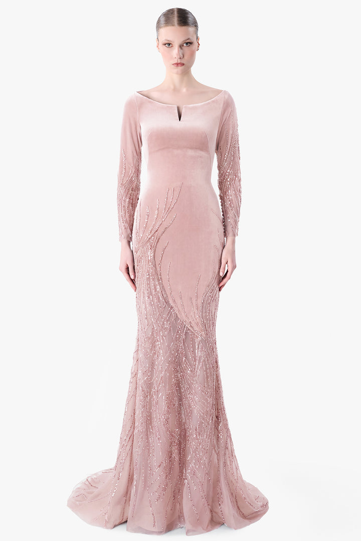 Velvet Gown with Embroidered Tulle Panels