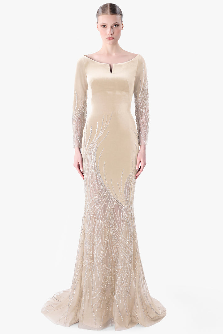 Velvet Gown with Embroidered Tulle Panels