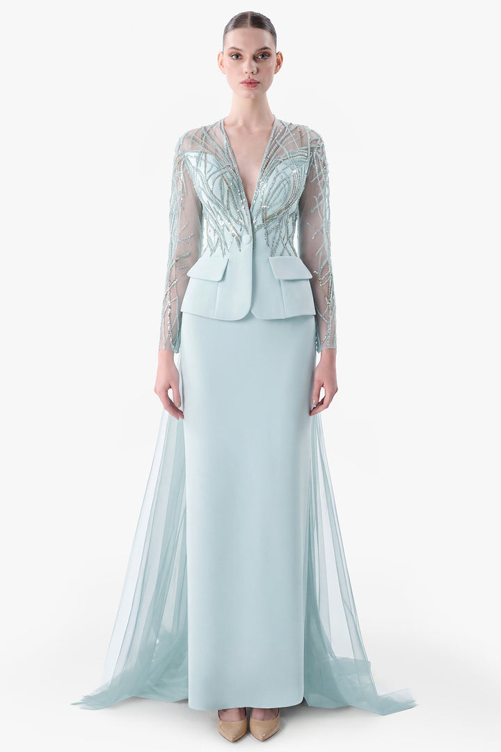 Crepe Gown with Beaded Tulle Overlay