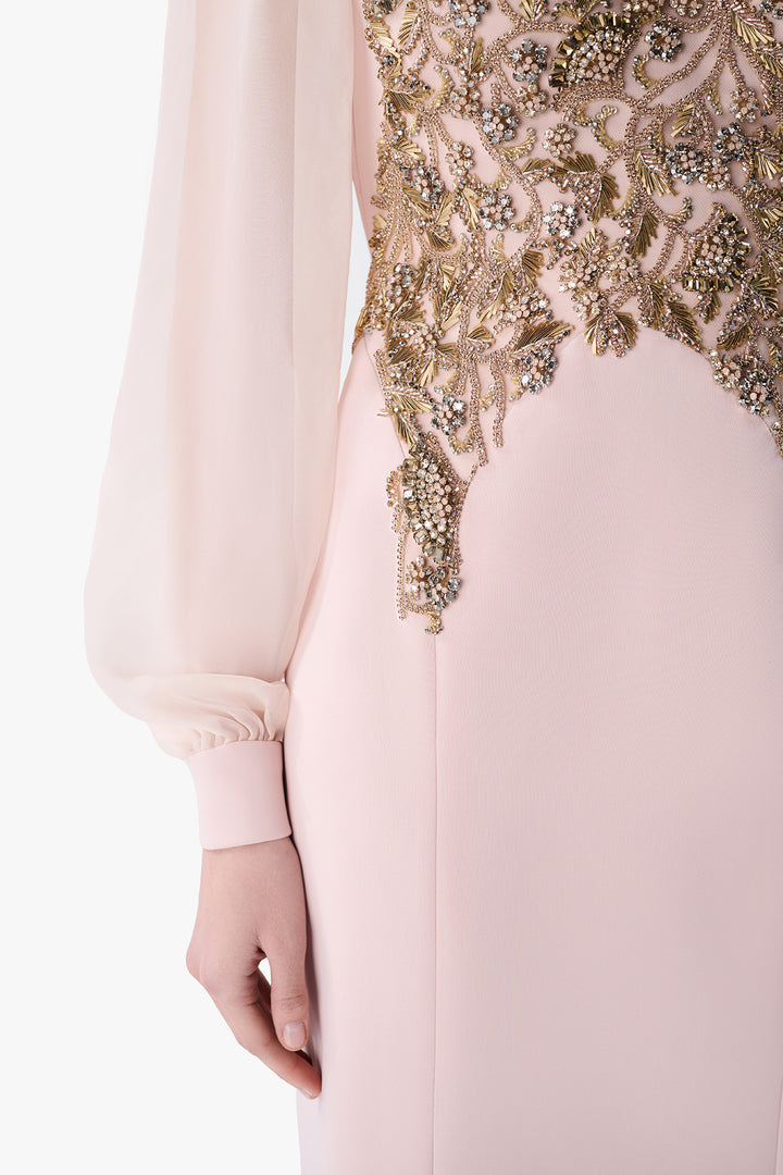Embroidered Bodice Gown with Sheer Sleeves