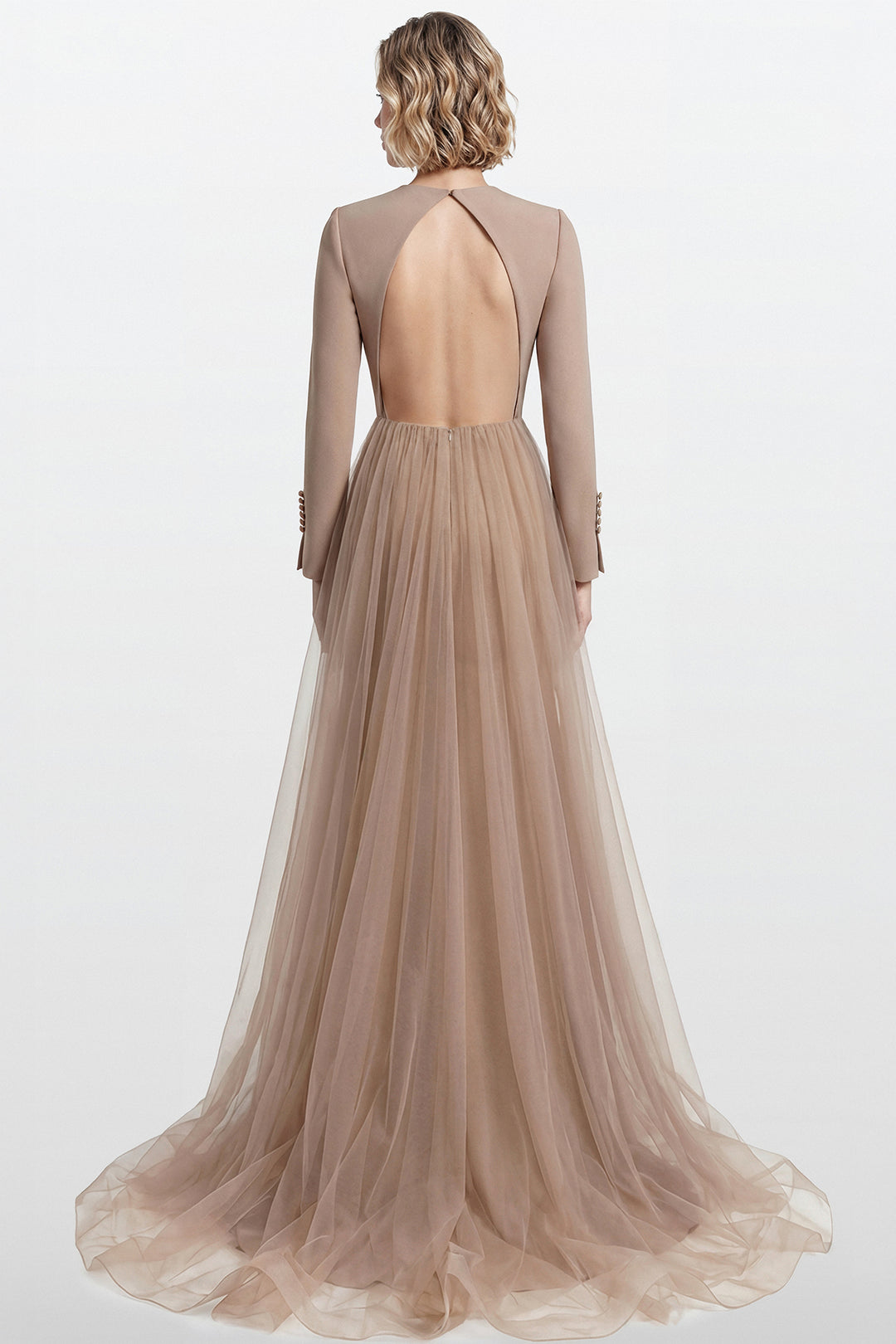 Embroidered Crepe Gown with Tulle Train