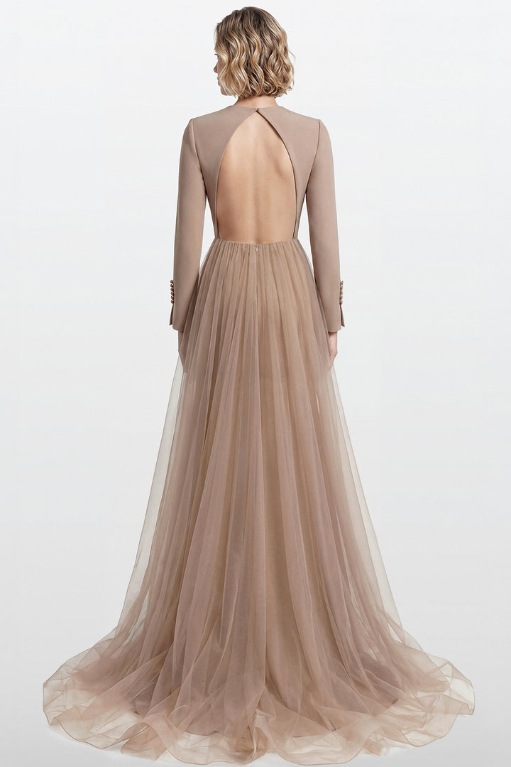 Embroidered Crepe Gown with Tulle Train