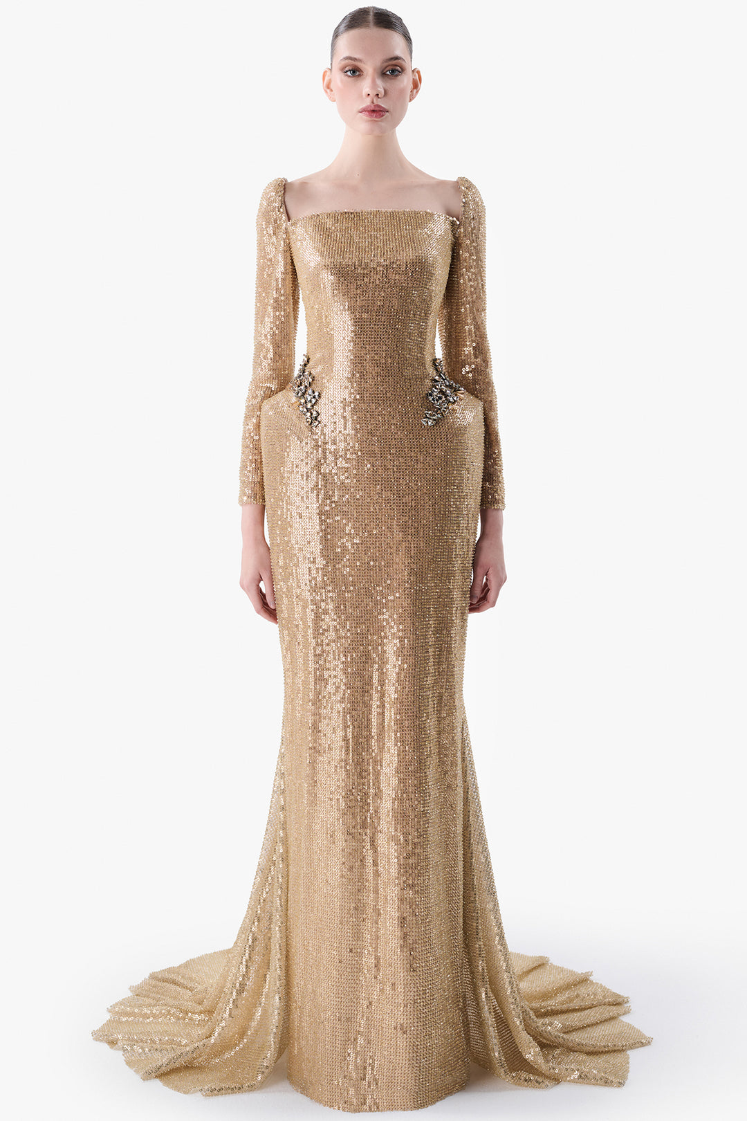 Sequined Column Gown with Crystal Accents