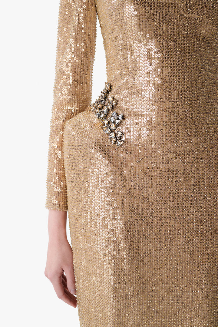Sequined Column Gown with Crystal Accents