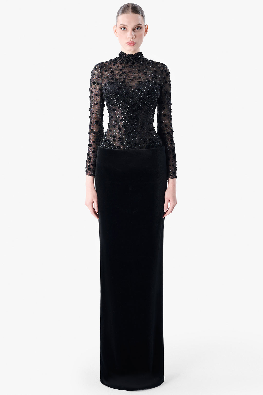 Embroidered Tulle Top with Velvet Column Skirt