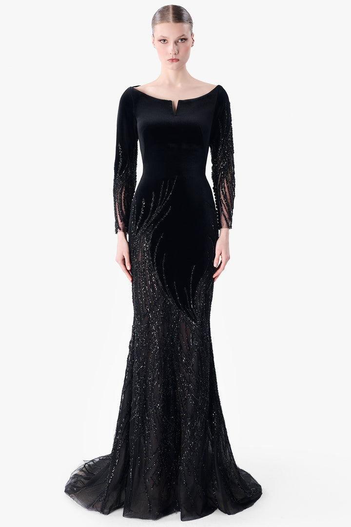 Velvet Gown with Embroidered Tulle Panels