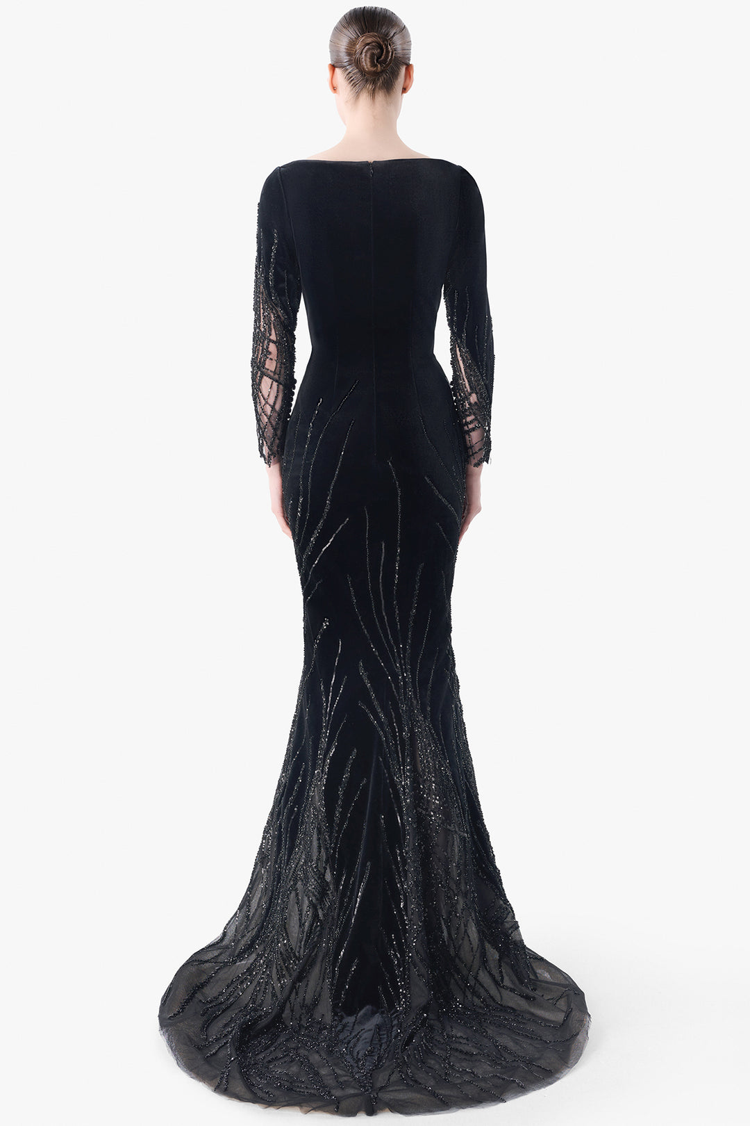 Velvet Gown with Embroidered Tulle Panels