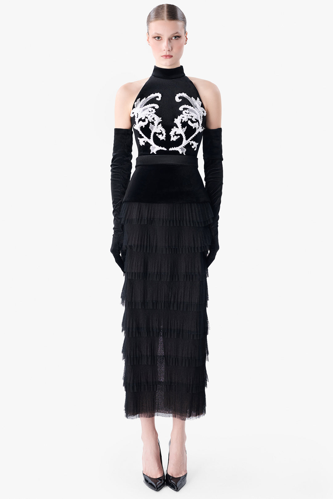 Halter Velvet Dress with Embroidered Bodice