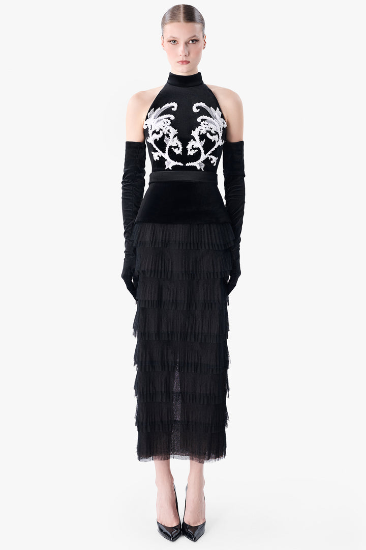 Halter Velvet Dress with Embroidered Bodice