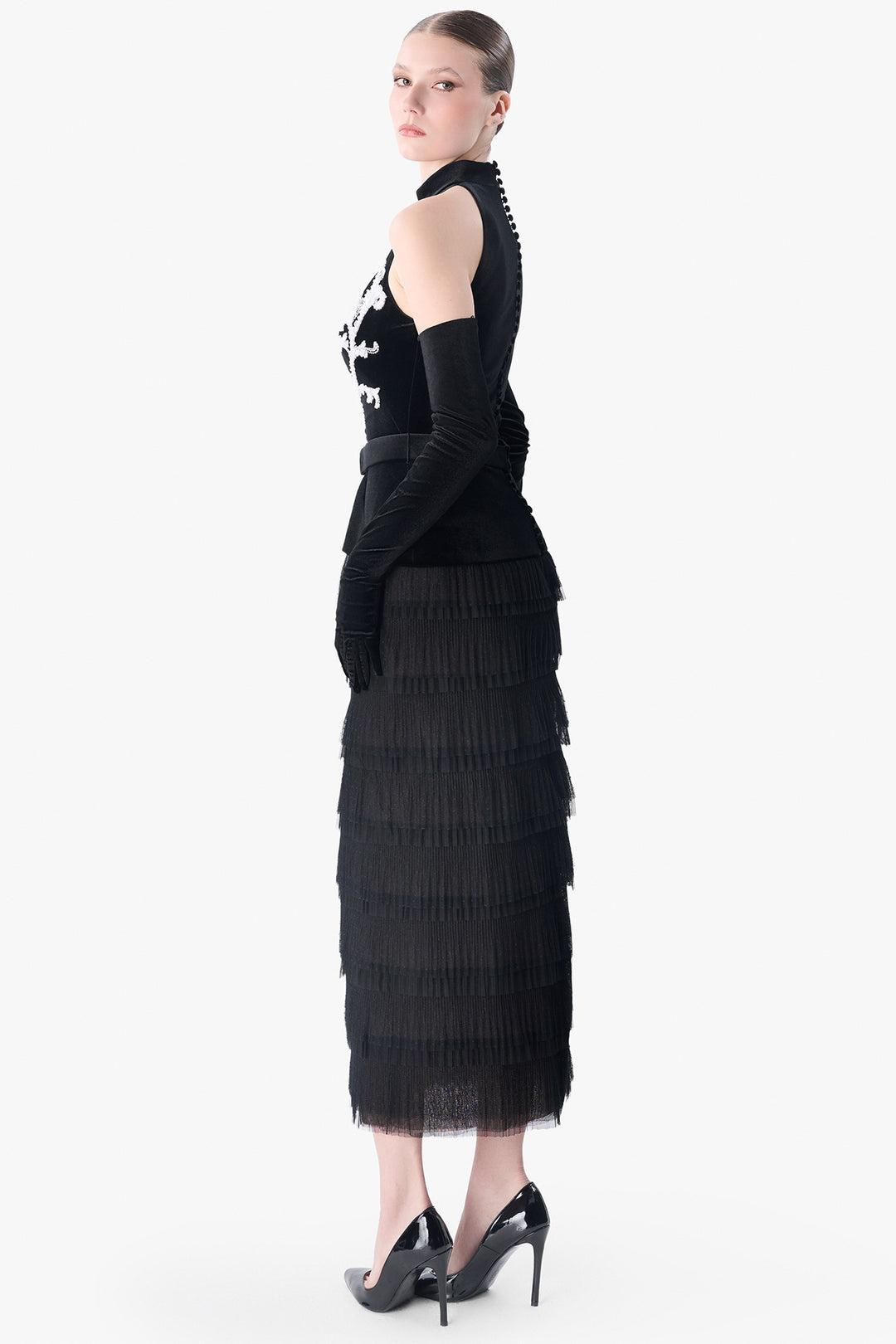 Halter Velvet Dress with Embroidered Bodice