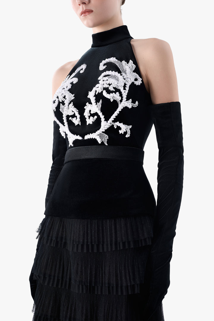Halter Velvet Dress with Embroidered Bodice