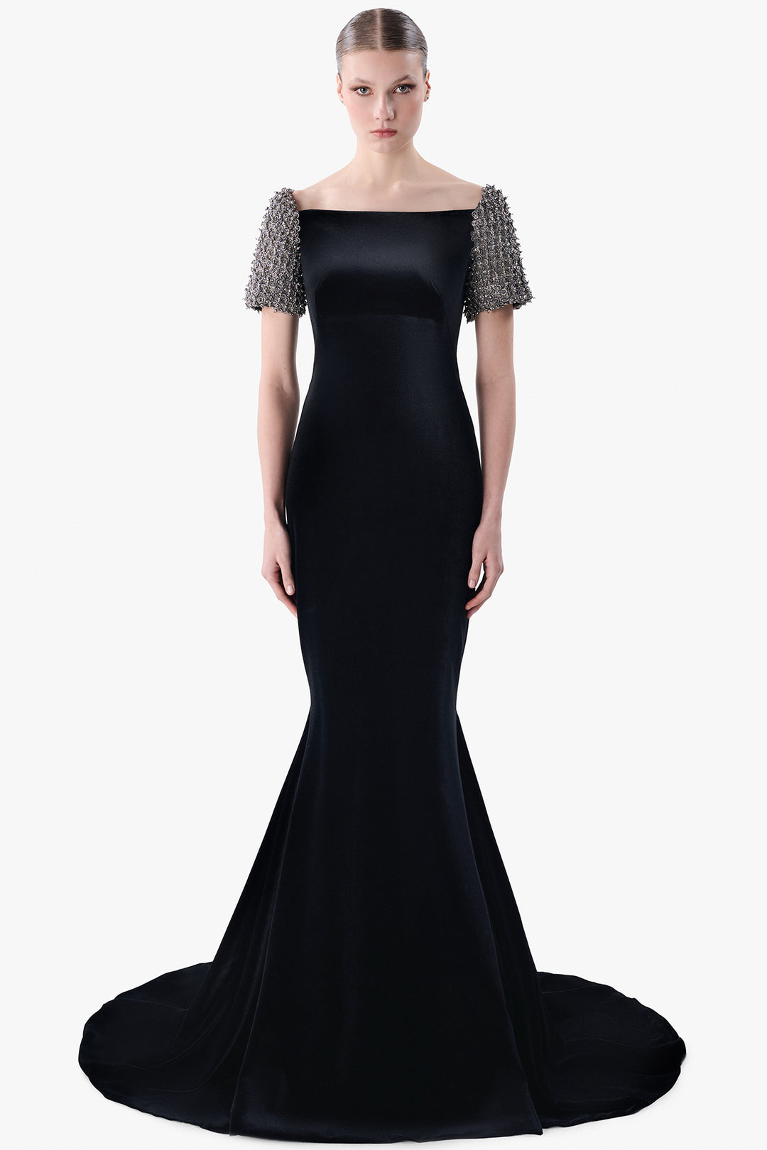 Velvet Mermaid Gown with Embroidered Sleeves