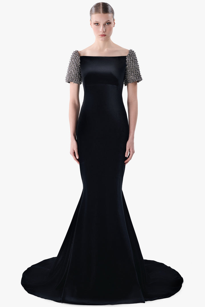 Velvet Mermaid Gown with Embroidered Sleeves