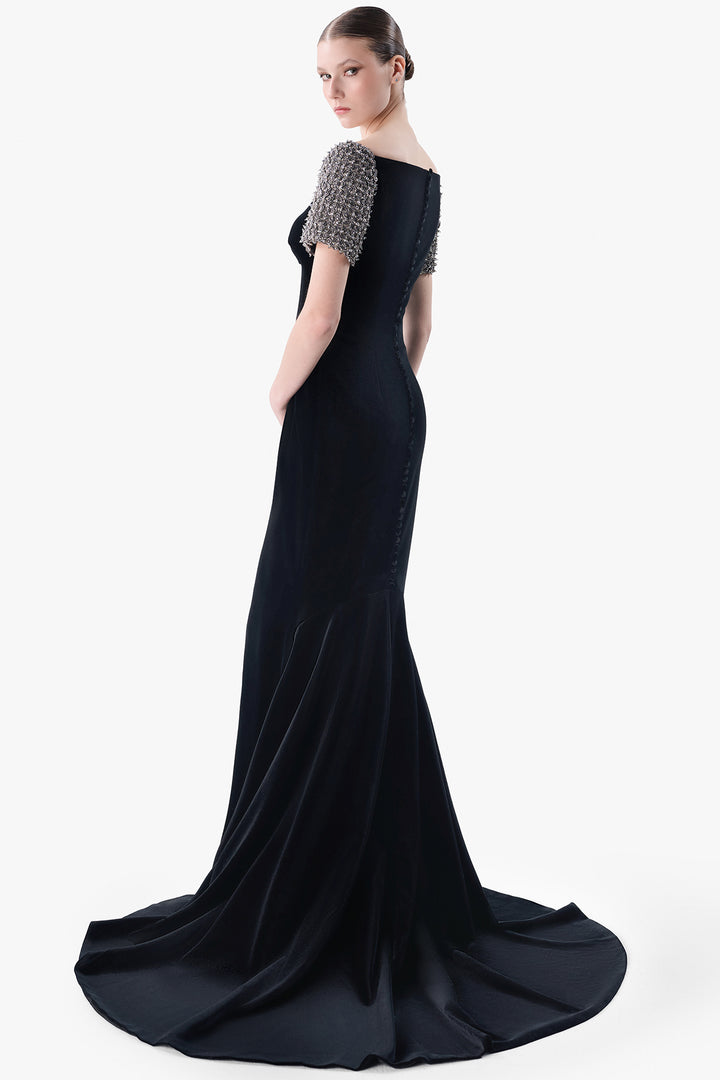 Velvet Mermaid Gown with Embroidered Sleeves