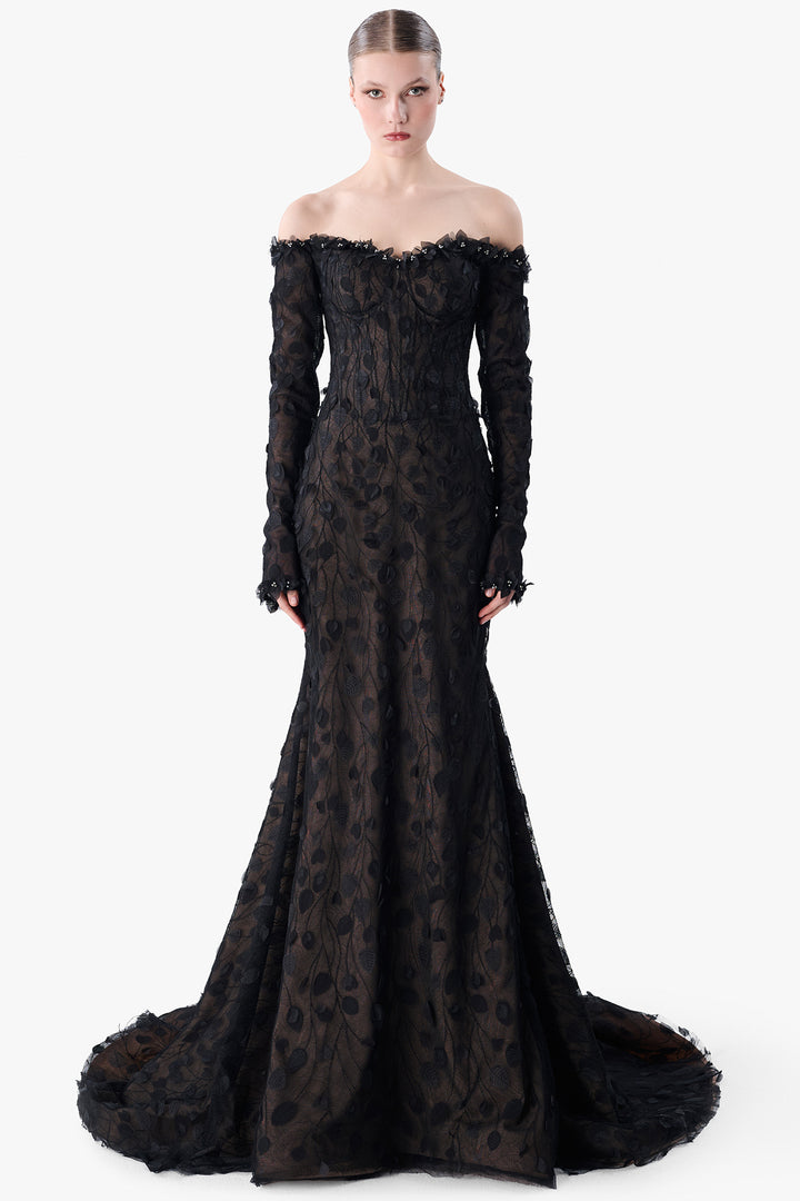 Lace Gown with Organza Petal Embroidery