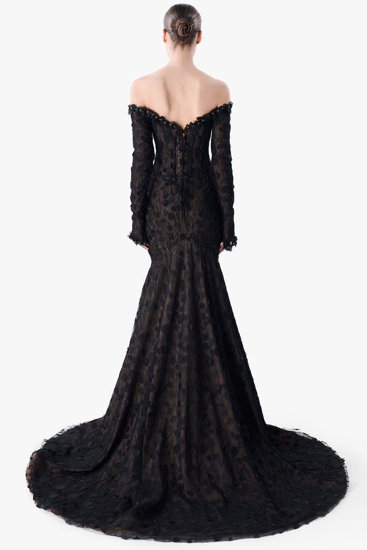 Lace Gown with Organza Petal Embroidery