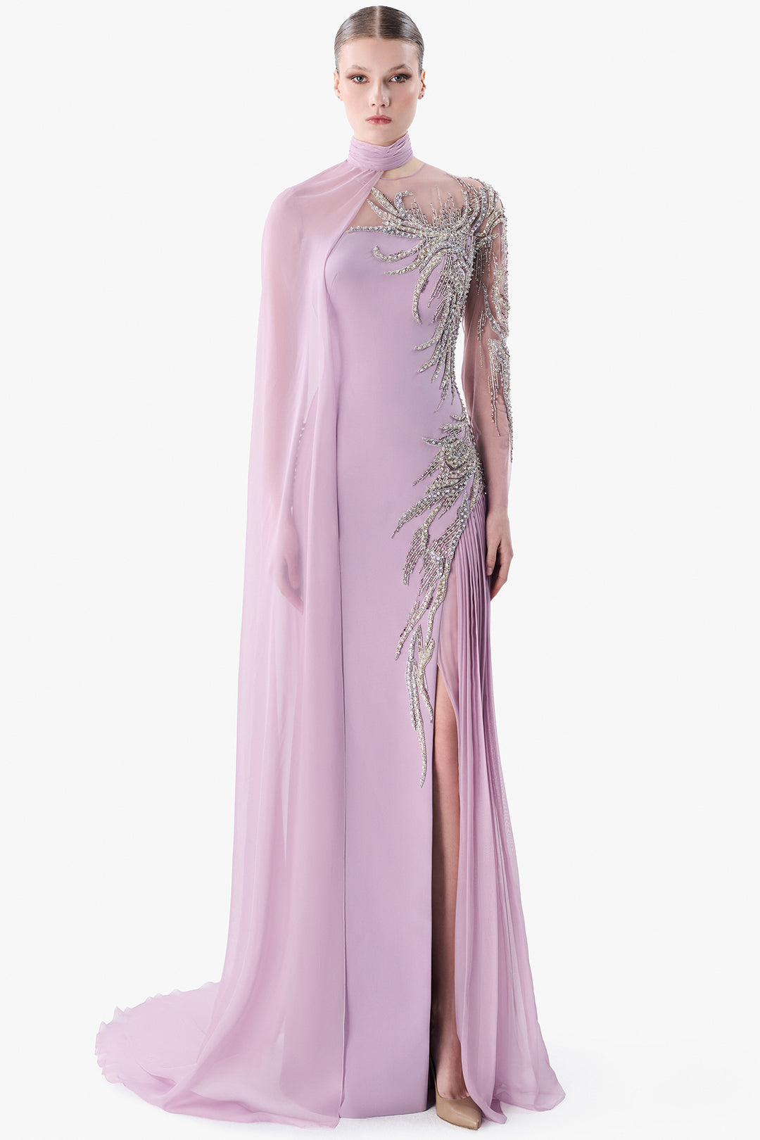 Asymmetric Embroidered Cape Gown