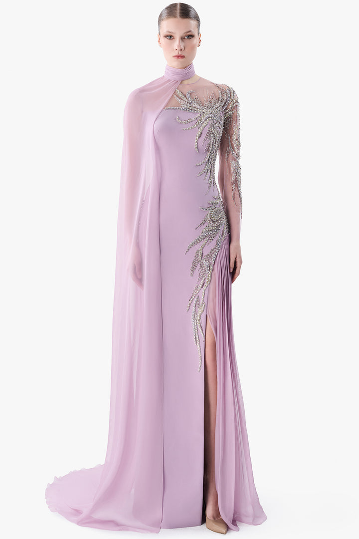 Asymmetric Embroidered Cape Gown
