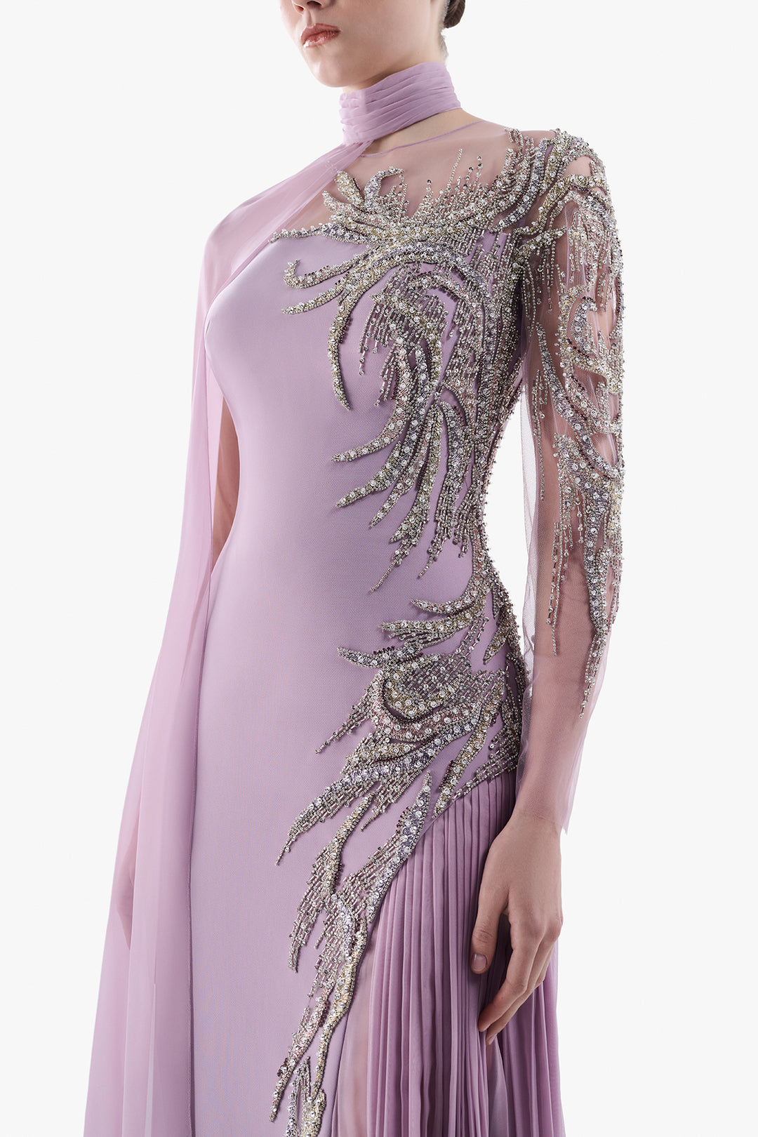 Asymmetric Embroidered Cape Gown