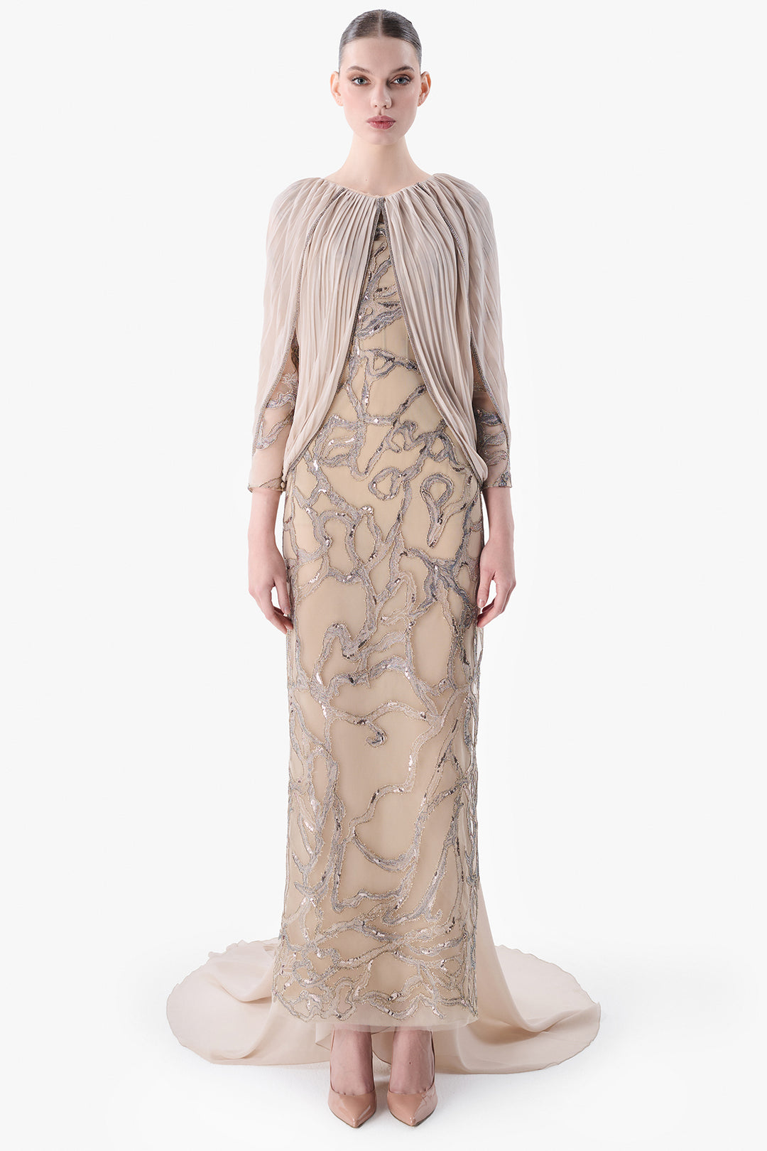 Embroidered Gown with Pleated Cape Sleeves