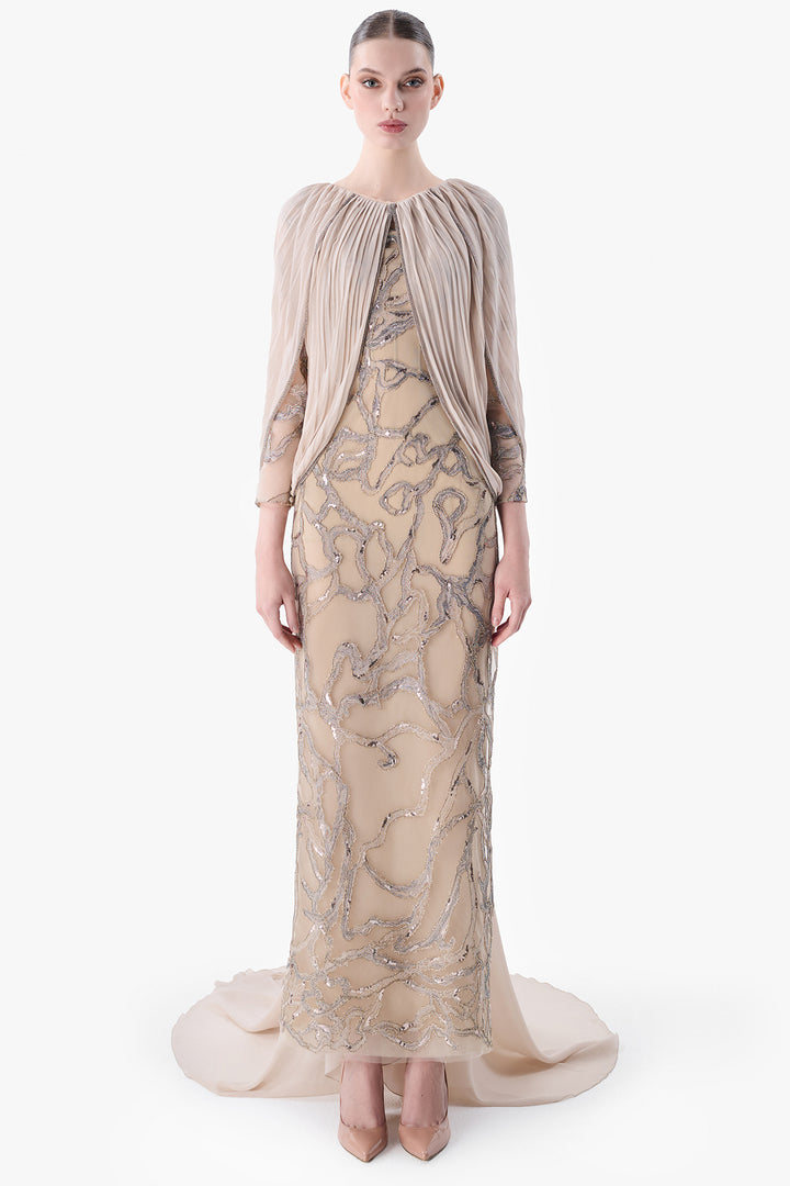 Embroidered Gown with Pleated Cape Sleeves